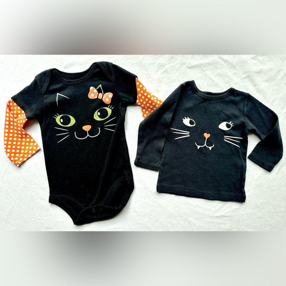 Black Cat Outfit Lot – 12M Long Sleeve Bodysuit & Top Kitty Graphics, Halloween